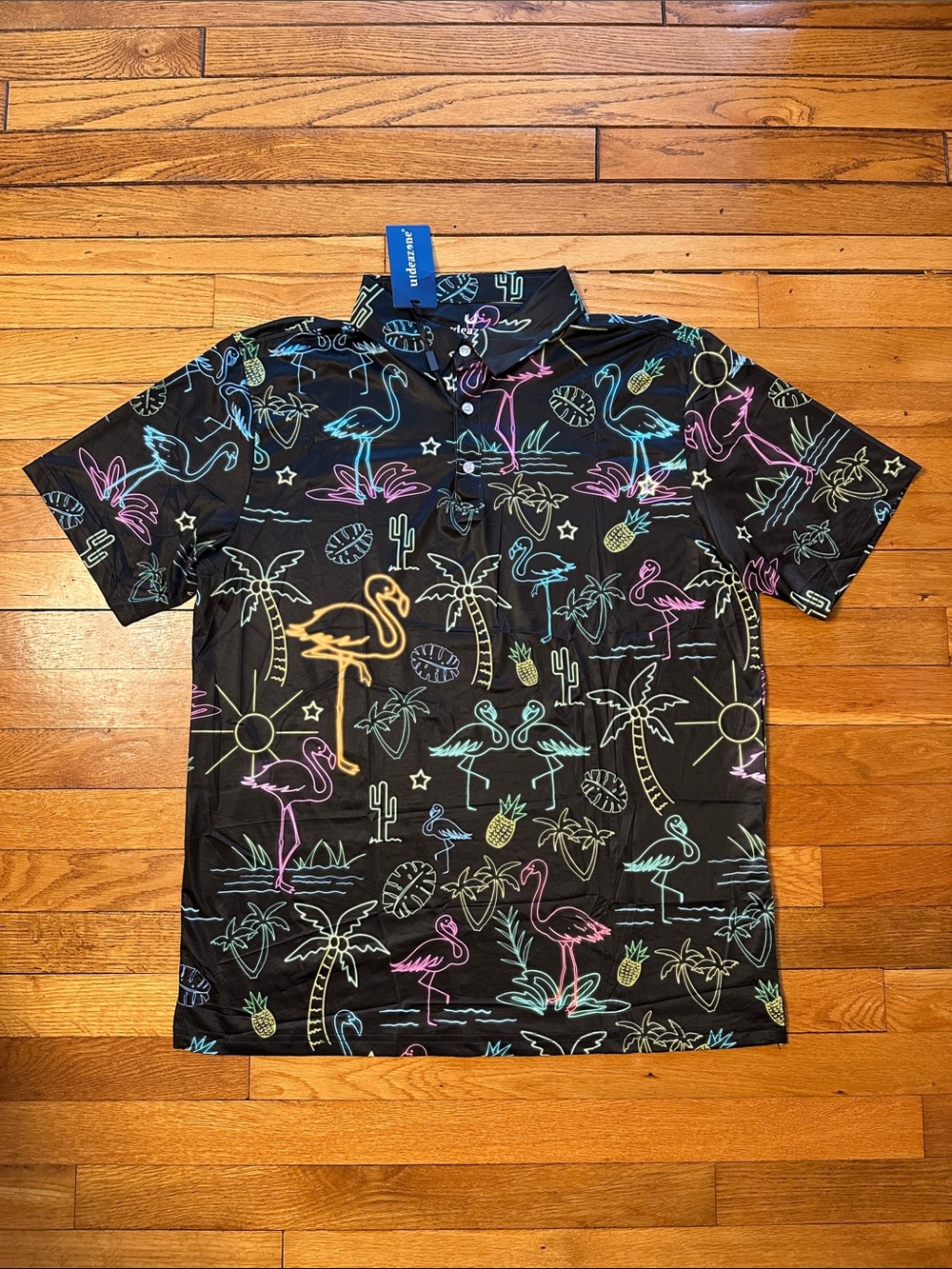 NWT Men's Large Black Colorful Tropical Neon Flamingo Palm Tree Golf Polo Shirt